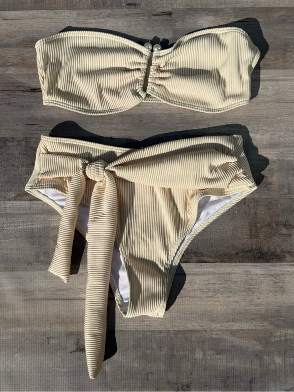 Cream Ribbed Bandeau Bikini Set with Tie Waist